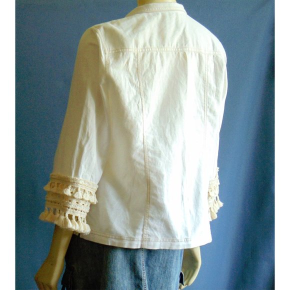 Chico's White Linen Blend Tassel Jacket 2 L - Picture 7 of 8
